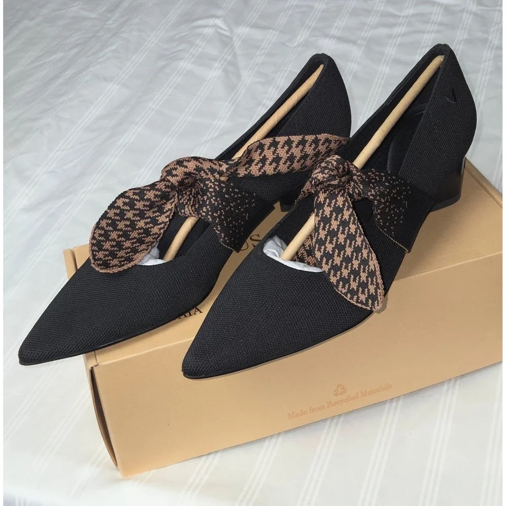 Vivaia Pointed-Toe Block Heel Mary Jane Knit Pumps Houndstooth Bow Size 7.5 EU38